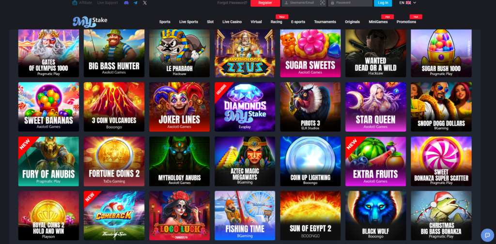 MyStake casino lobby showing games, sportsbook navigation, and cashier options