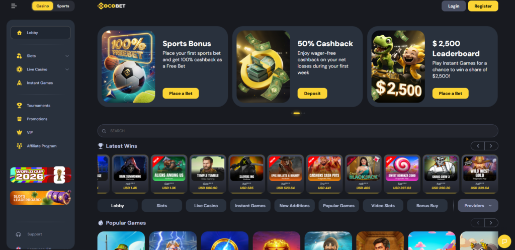CocoBet casino interface showing the game lobby