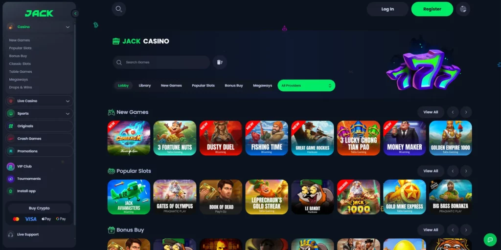 JACK casino homepage interface showing game lobby and navigation